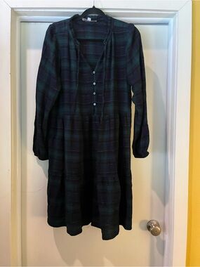 LOFT Black and Green Plaid Long Sleeve Dress